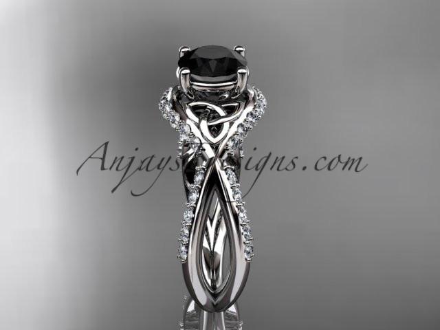 platinum diamond celtic trinity knot wedding ring, engagement ring with a Black Diamond center stone CT7218 - AnjaysDesigns
