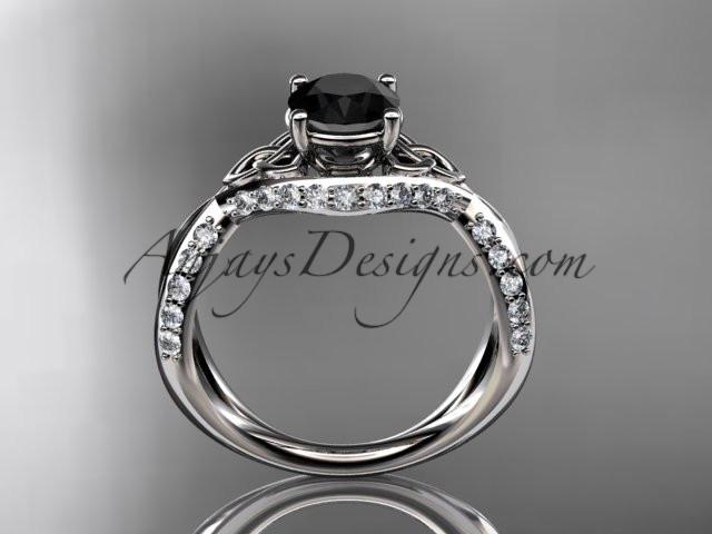 platinum diamond celtic trinity knot wedding ring, engagement ring with a Black Diamond center stone CT7218 - AnjaysDesigns