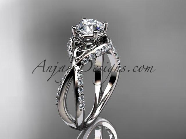 platinum diamond celtic trinity knot wedding ring, engagement ring with a "Forever One" Moissanite center stone CT7218 - AnjaysDesigns