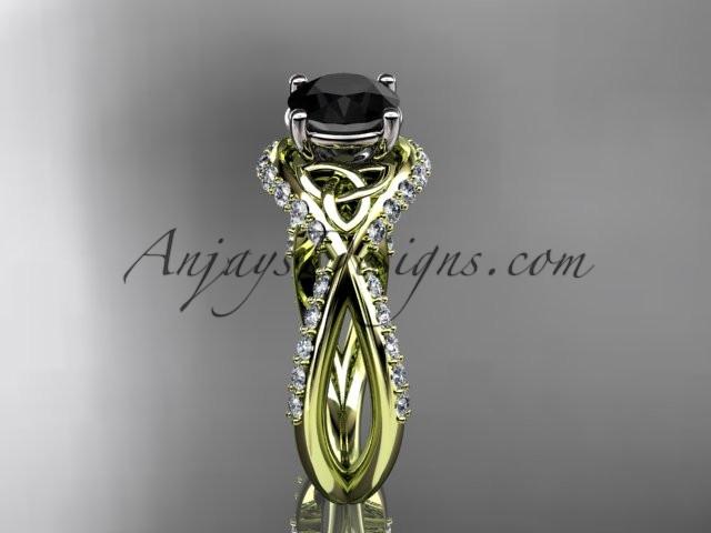 14kt yellow gold diamond celtic trinity knot wedding ring, engagement ring with a Black Diamond center stone CT7218 - AnjaysDesigns