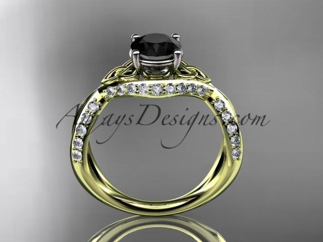 14kt yellow gold diamond celtic trinity knot wedding ring, engagement ring with a Black Diamond center stone CT7218 - AnjaysDesigns