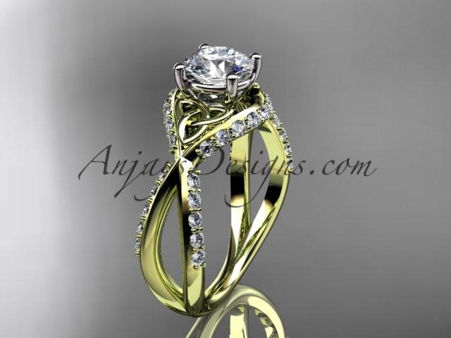 14kt yellow gold diamond celtic trinity knot wedding ring, engagement ring with a "Forever One" Moissanite center stone CT7218 - AnjaysDesigns