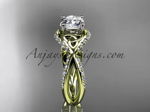 14kt yellow gold diamond celtic trinity knot wedding ring, engagement ring with a "Forever One" Moissanite center stone CT7218 - AnjaysDesigns