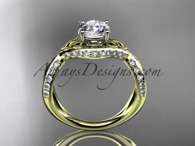 14kt yellow gold diamond celtic trinity knot wedding ring, engagement ring with a "Forever One" Moissanite center stone CT7218 - AnjaysDesigns