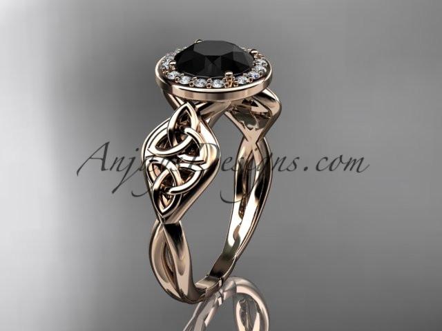 14kt rose gold diamond celtic trinity knot wedding ring, engagement ring with a Black Diamond center stone CT7219 - AnjaysDesigns