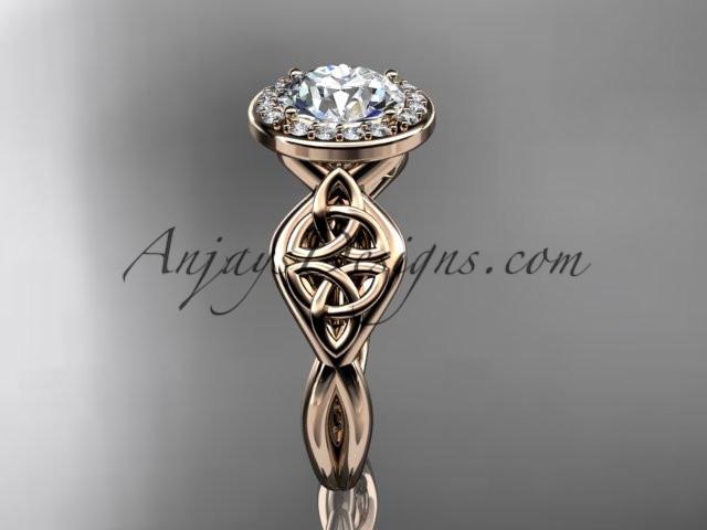 14kt rose gold diamond celtic trinity knot wedding ring, engagement ring with a "Forever One" Moissanite center stone CT7219 - AnjaysDesigns
