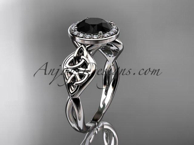platinum diamond celtic trinity knot wedding ring, engagement ring with a Black Diamond center stone CT7219 - AnjaysDesigns