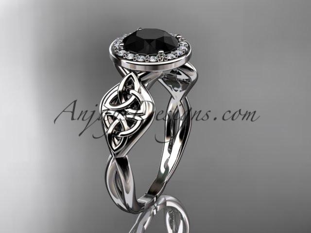 14kt white gold diamond celtic trinity knot wedding ring, engagement ring with a Black Diamond center stone CT7219 - AnjaysDesigns
