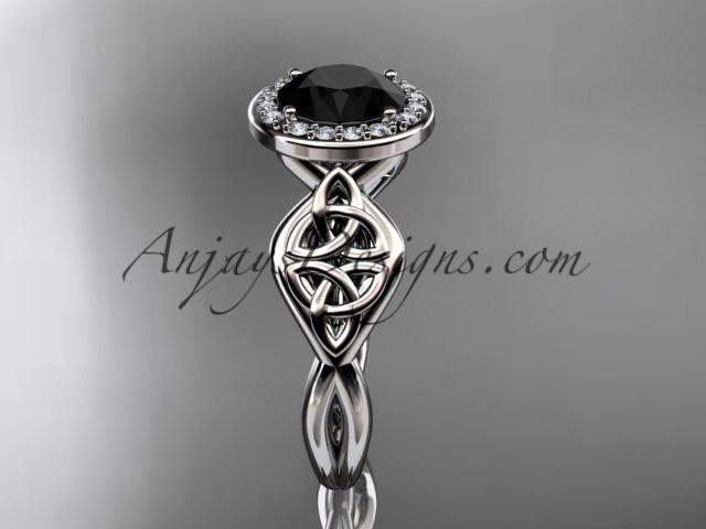 14kt white gold diamond celtic trinity knot wedding ring, engagement ring with a Black Diamond center stone CT7219 - AnjaysDesigns