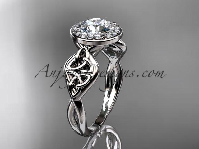 platinum diamond celtic trinity knot wedding ring, engagement ring with a "Forever One" Moissanite center stone CT7219 - AnjaysDesigns