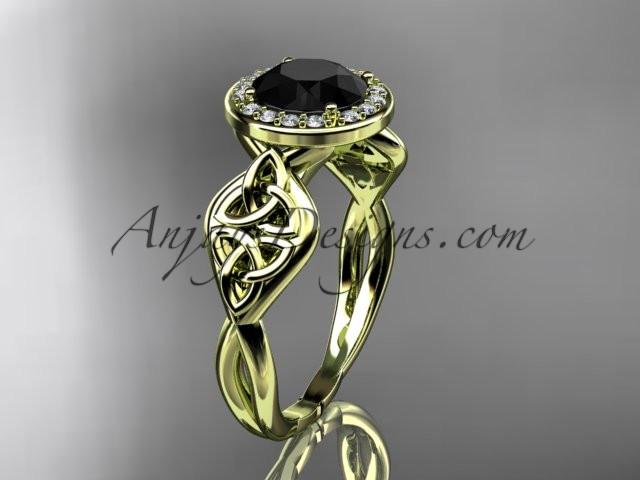 14kt yellow gold diamond celtic trinity knot wedding ring, engagement ring with a Black Diamond center stone CT7219 - AnjaysDesigns
