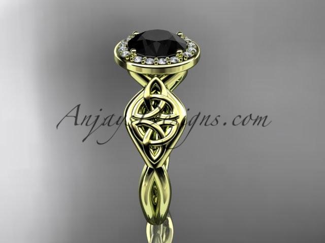 14kt yellow gold diamond celtic trinity knot wedding ring, engagement ring with a Black Diamond center stone CT7219 - AnjaysDesigns