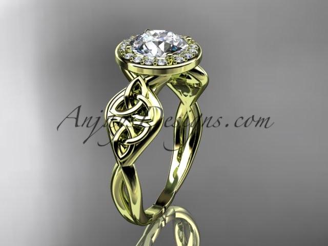 14kt yellow gold diamond celtic trinity knot wedding ring, engagement ring with a "Forever One" Moissanite center stone CT7219 - AnjaysDesigns