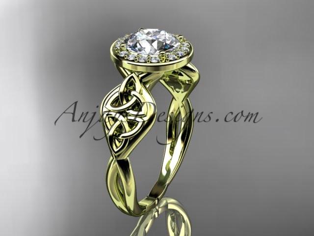 14kt yellow gold diamond celtic trinity knot wedding ring, engagement ring with a "Forever One" Moissanite center stone CT7219 - AnjaysDesigns
