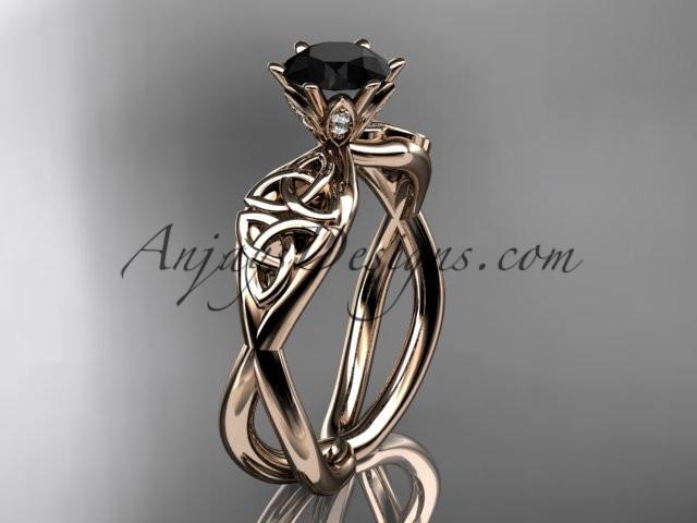 14kt rose gold diamond celtic trinity knot wedding ring, engagement ring with a Black Diamond center stone CT7221 - AnjaysDesigns