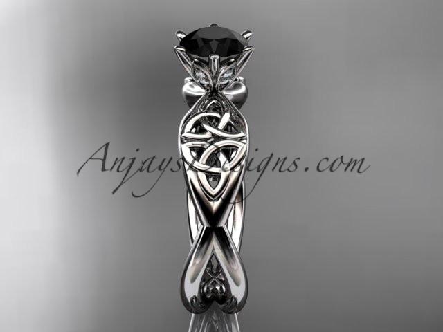 platinum diamond celtic trinity knot wedding ring, engagement ring with a Black Diamond center stone CT7221 - AnjaysDesigns