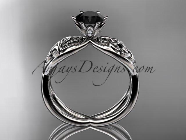 14kt white gold diamond celtic trinity knot wedding ring, engagement ring with a Black Diamond center stone CT7221 - AnjaysDesigns