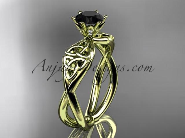 14kt yellow gold diamond celtic trinity knot wedding ring, engagement ring with a Black Diamond center stone CT7221 - AnjaysDesigns