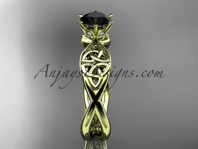 14kt yellow gold diamond celtic trinity knot wedding ring, engagement ring with a Black Diamond center stone CT7221 - AnjaysDesigns