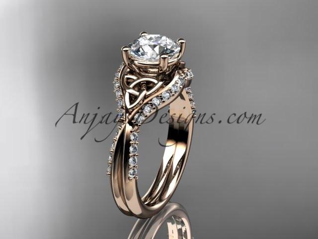14kt rose gold diamond celtic trinity knot wedding ring, engagement ring with a "Forever One" Moissanite center stone CT7224 - AnjaysDesigns