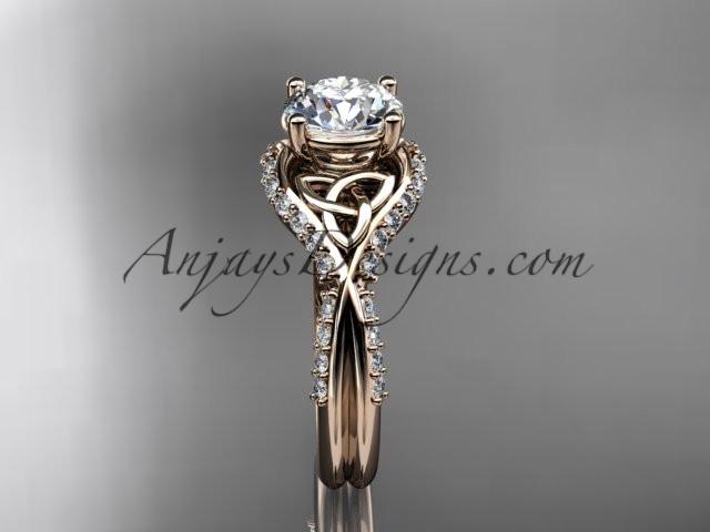 14kt rose gold diamond celtic trinity knot wedding ring, engagement ring with a "Forever One" Moissanite center stone CT7224 - AnjaysDesigns