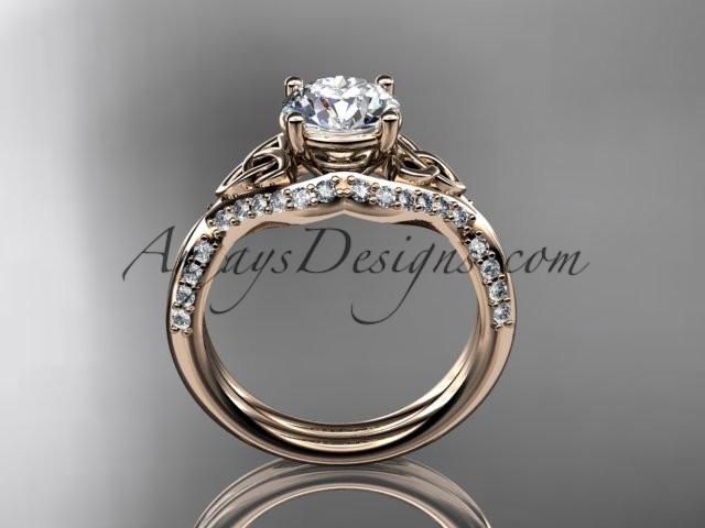 14kt rose gold diamond celtic trinity knot wedding ring, engagement ring with a "Forever One" Moissanite center stone CT7224 - AnjaysDesigns