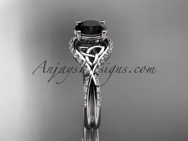 14kt white gold diamond celtic trinity knot wedding ring, engagement ring with a Black Diamond center stone CT7224 - AnjaysDesigns