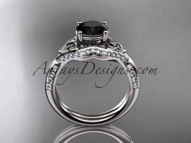 14kt white gold diamond celtic trinity knot wedding ring, engagement ring with a Black Diamond center stone CT7224 - AnjaysDesigns