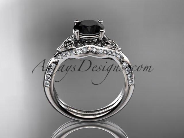 platinum diamond celtic trinity knot wedding ring, engagement ring with a Black Diamond center stone CT7224 - AnjaysDesigns