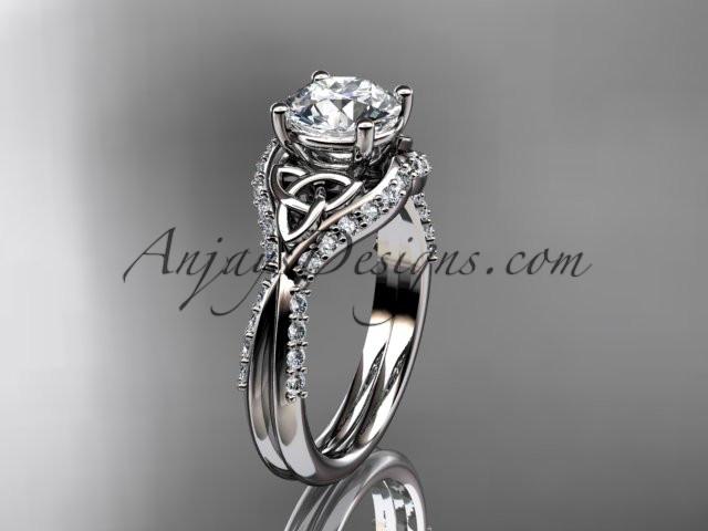 platinum diamond celtic trinity knot wedding ring, engagement ring with a "Forever One" Moissanite center stone CT7224 - AnjaysDesigns