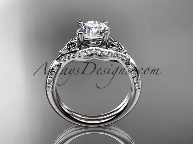 platinum diamond celtic trinity knot wedding ring, engagement ring with a "Forever One" Moissanite center stone CT7224 - AnjaysDesigns