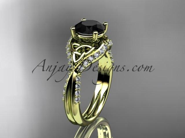 14kt yellow gold diamond celtic trinity knot wedding ring, engagement ring with a Black Diamond center stone CT7224 - AnjaysDesigns