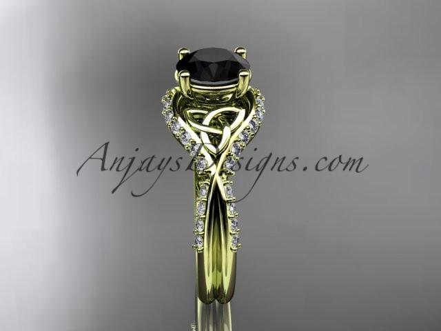 14kt yellow gold diamond celtic trinity knot wedding ring, engagement ring with a Black Diamond center stone CT7224 - AnjaysDesigns
