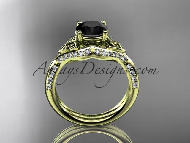 14kt yellow gold diamond celtic trinity knot wedding ring, engagement ring with a Black Diamond center stone CT7224 - AnjaysDesigns