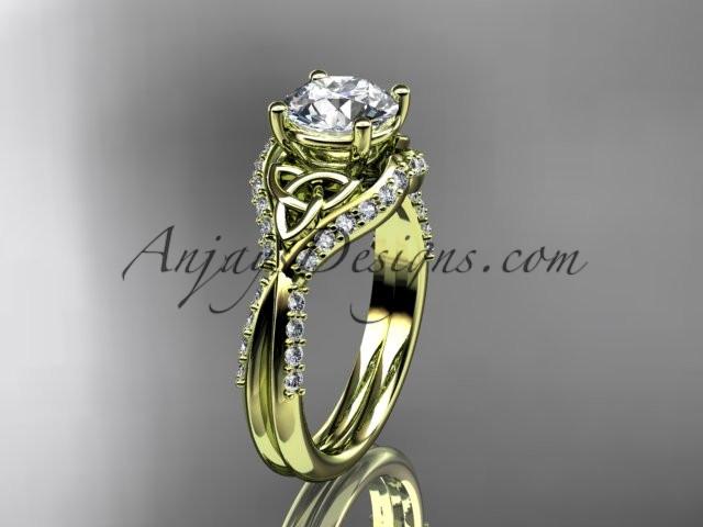 14kt yellow gold diamond celtic trinity knot wedding ring, engagement ring with a "Forever One" Moissanite center stone CT7224 - AnjaysDesigns