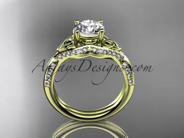 14kt yellow gold diamond celtic trinity knot wedding ring, engagement ring with a "Forever One" Moissanite center stone CT7224 - AnjaysDesigns