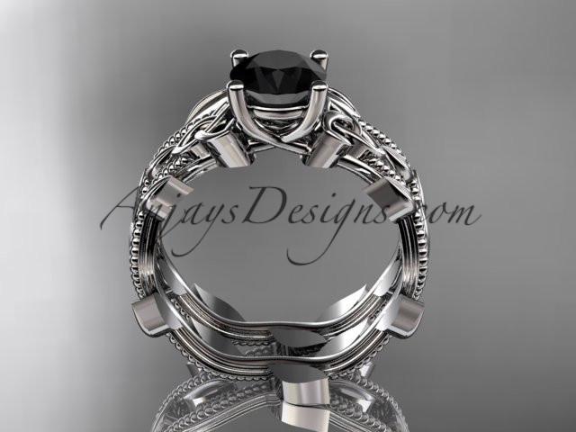 platinum diamond celtic trinity knot wedding ring, engagement set with a Black Diamond center stone CT7238S - AnjaysDesigns