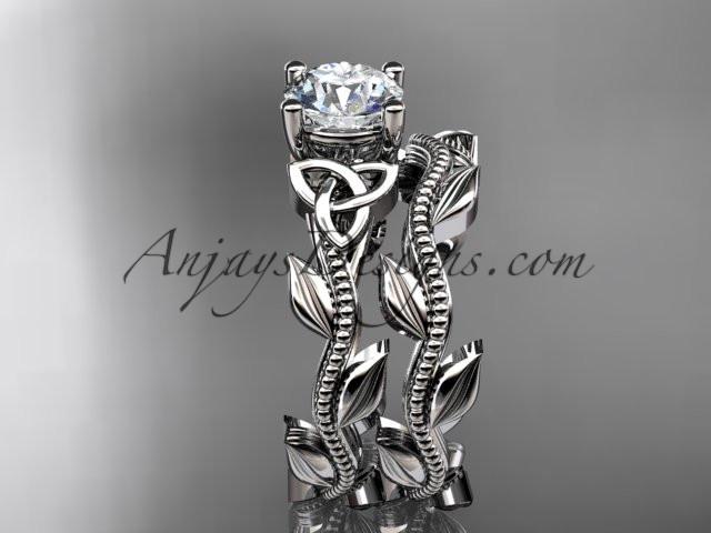 platinum diamond celtic trinity knot wedding ring, engagement set with a "Forever One" Moissanite center stone CT7238S - AnjaysDesigns