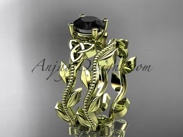 14kt yellow gold diamond celtic trinity knot wedding ring, engagement set with a Black Diamond center stone CT7238S - AnjaysDesigns