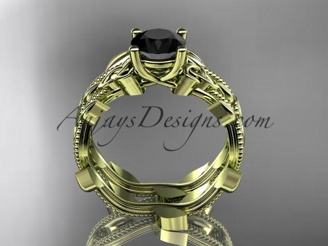 14kt yellow gold diamond celtic trinity knot wedding ring, engagement set with a Black Diamond center stone CT7238S - AnjaysDesigns