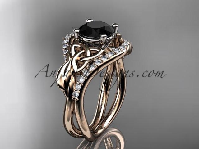 14kt rose gold diamond celtic trinity knot wedding ring, engagement ring with a Black Diamond center stone CT7244 - AnjaysDesigns