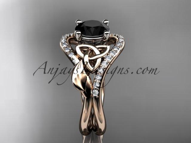 14kt rose gold diamond celtic trinity knot wedding ring, engagement ring with a Black Diamond center stone CT7244 - AnjaysDesigns