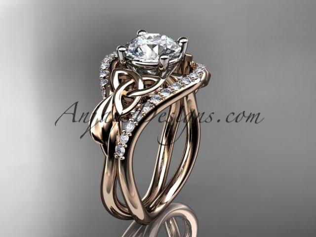 14kt rose gold diamond celtic trinity knot wedding ring, engagement ring with a "Forever One" Moissanite center stone CT7244 - AnjaysDesigns
