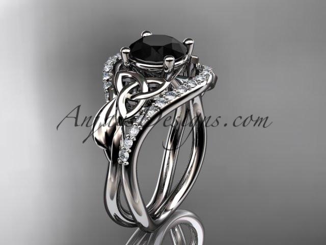 platinum diamond celtic trinity knot wedding ring, engagement ring with a Black Diamond center stone CT7244 - AnjaysDesigns