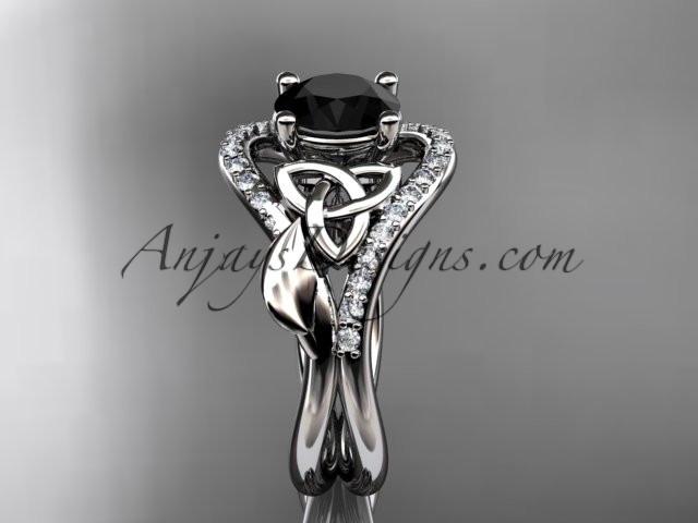 14kt white gold diamond celtic trinity knot wedding ring, engagement ring with a Black Diamond center stone CT7244 - AnjaysDesigns