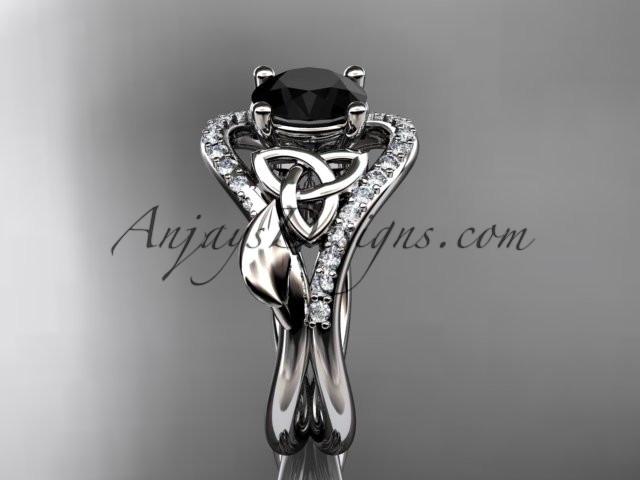 platinum diamond celtic trinity knot wedding ring, engagement ring with a Black Diamond center stone CT7244 - AnjaysDesigns