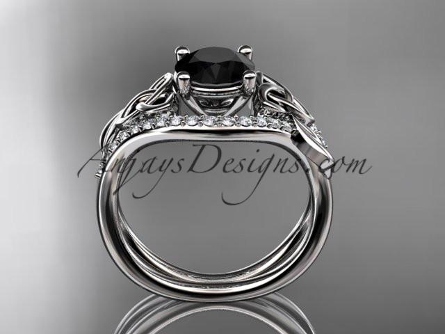 platinum diamond celtic trinity knot wedding ring, engagement ring with a Black Diamond center stone CT7244 - AnjaysDesigns