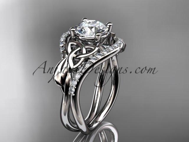platinum diamond celtic trinity knot wedding ring, engagement ring with a "Forever One" Moissanite center stone CT7244 - AnjaysDesigns