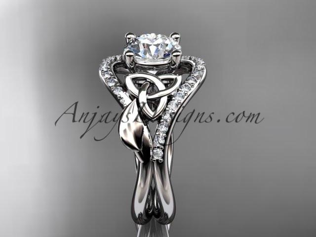 14kt white gold diamond celtic trinity knot wedding ring, engagement ring with a "Forever One" Moissanite center stone CT7244 - AnjaysDesigns