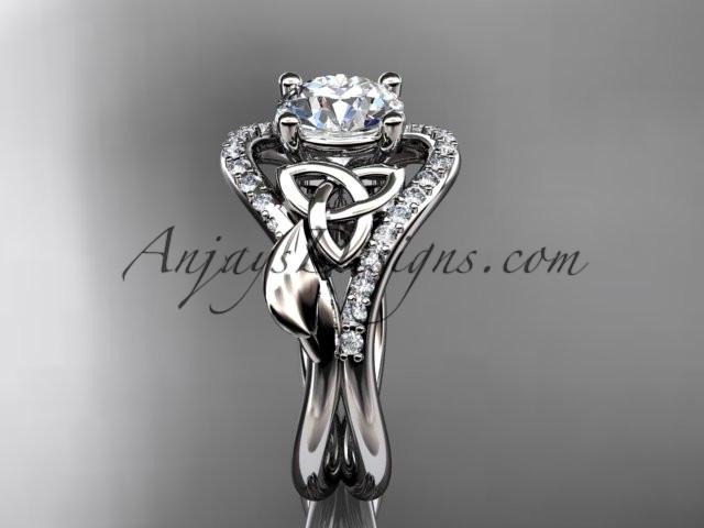 platinum diamond celtic trinity knot wedding ring, engagement ring with a "Forever One" Moissanite center stone CT7244 - AnjaysDesigns